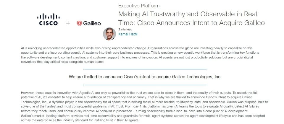 思科宣布將併購AI觀測平臺Galileo,強化AI代理監控能力 1