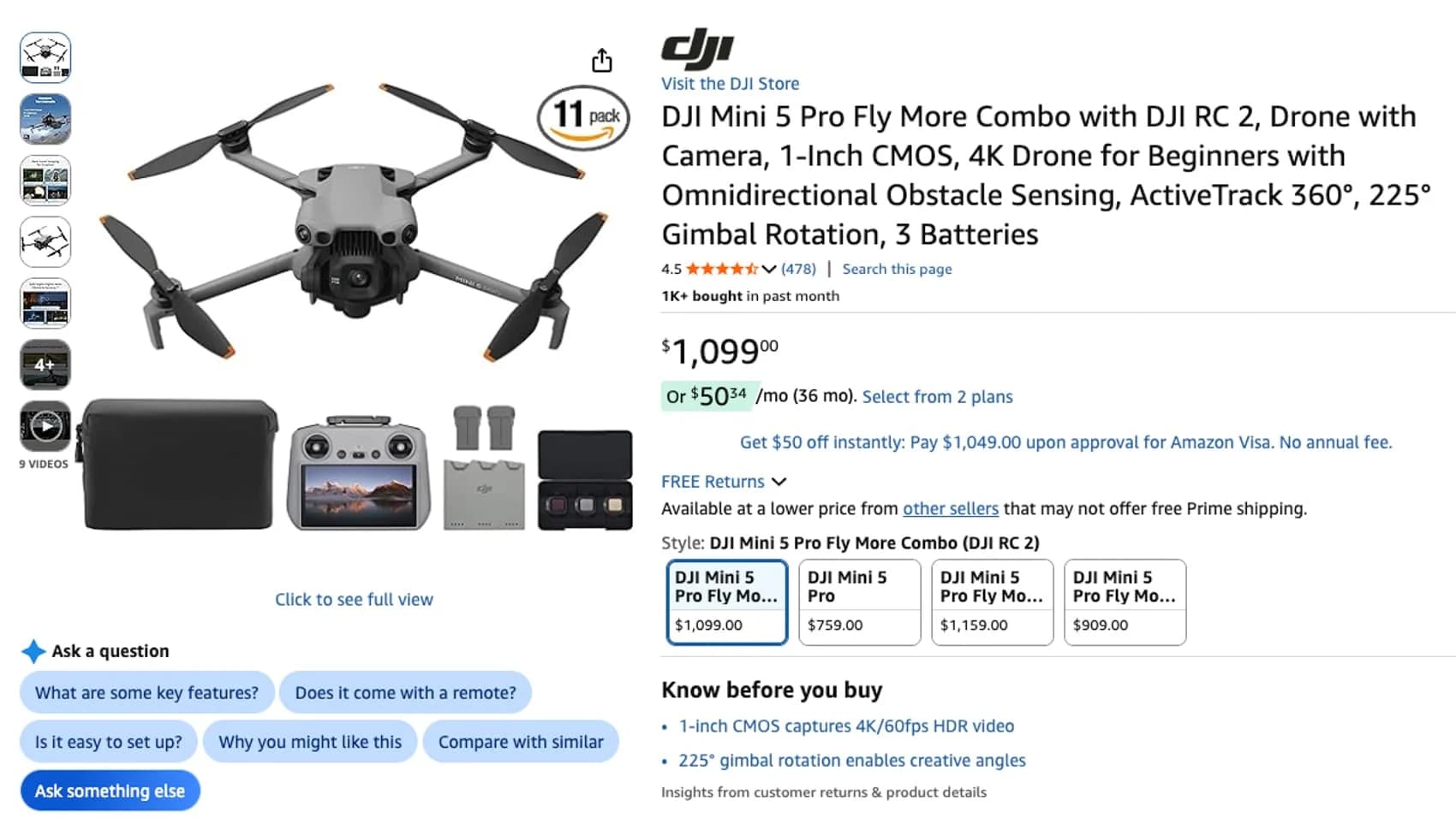DJI Mini 5 Pro 暢飛套裝 Amazon 降至 1,099 美元,創上市以來最低價 1
