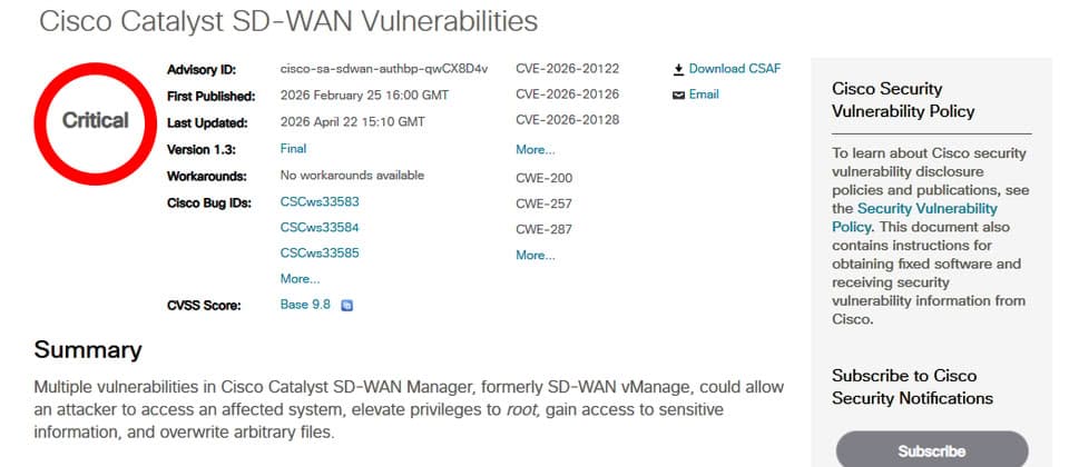 思科 SD-WAN 系統高風險漏洞遭多組駭客利用,今年2月已修補仍持續受攻擊