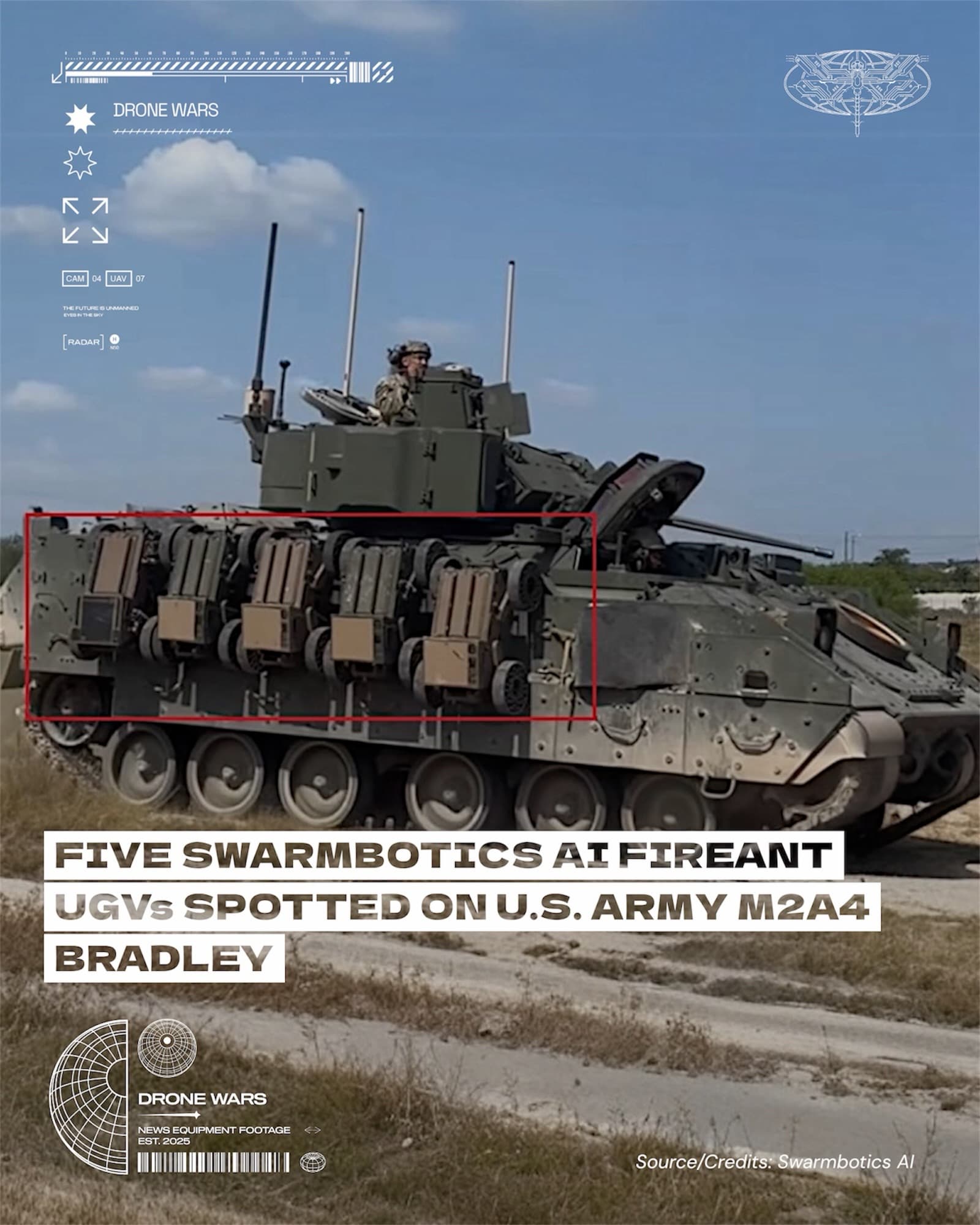 美軍 M2A4 Bradley 步兵戰鬥車側掛五輛 FireAnt 無人地面載具