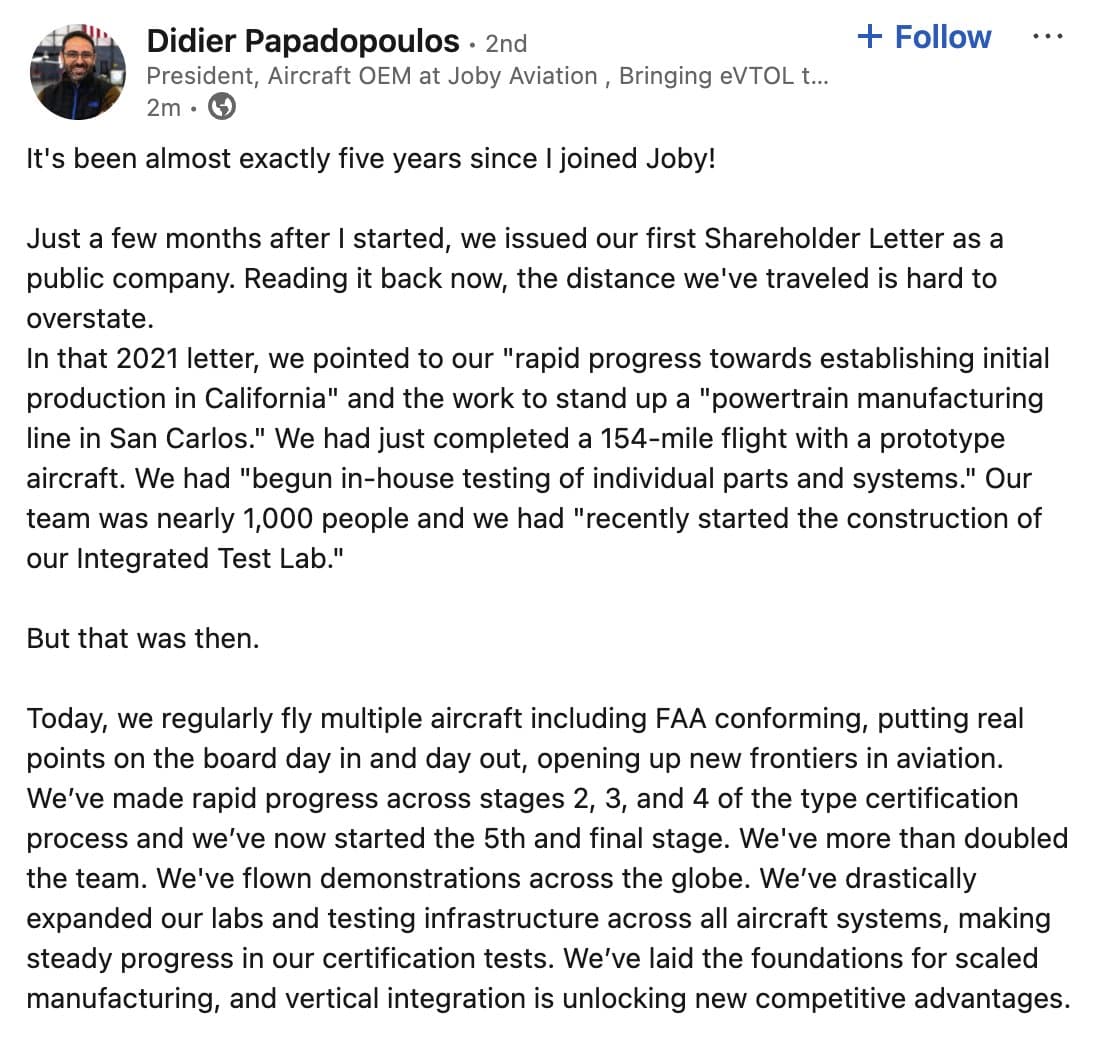 Joby Aviation 向首席試飛員 Didier 致敬:從首飛到認證最終階段的關鍵推手 1